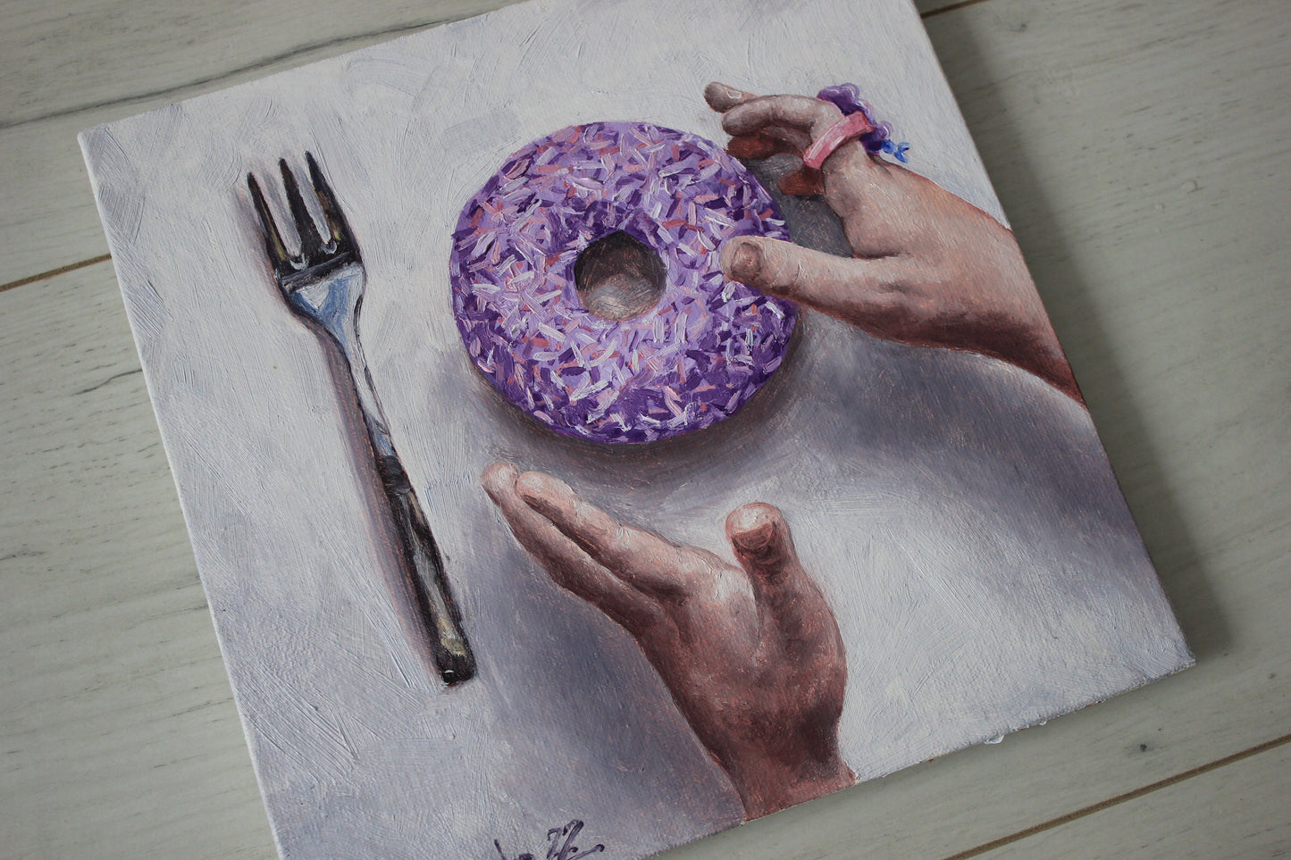 Donut and children's hands 8x8in