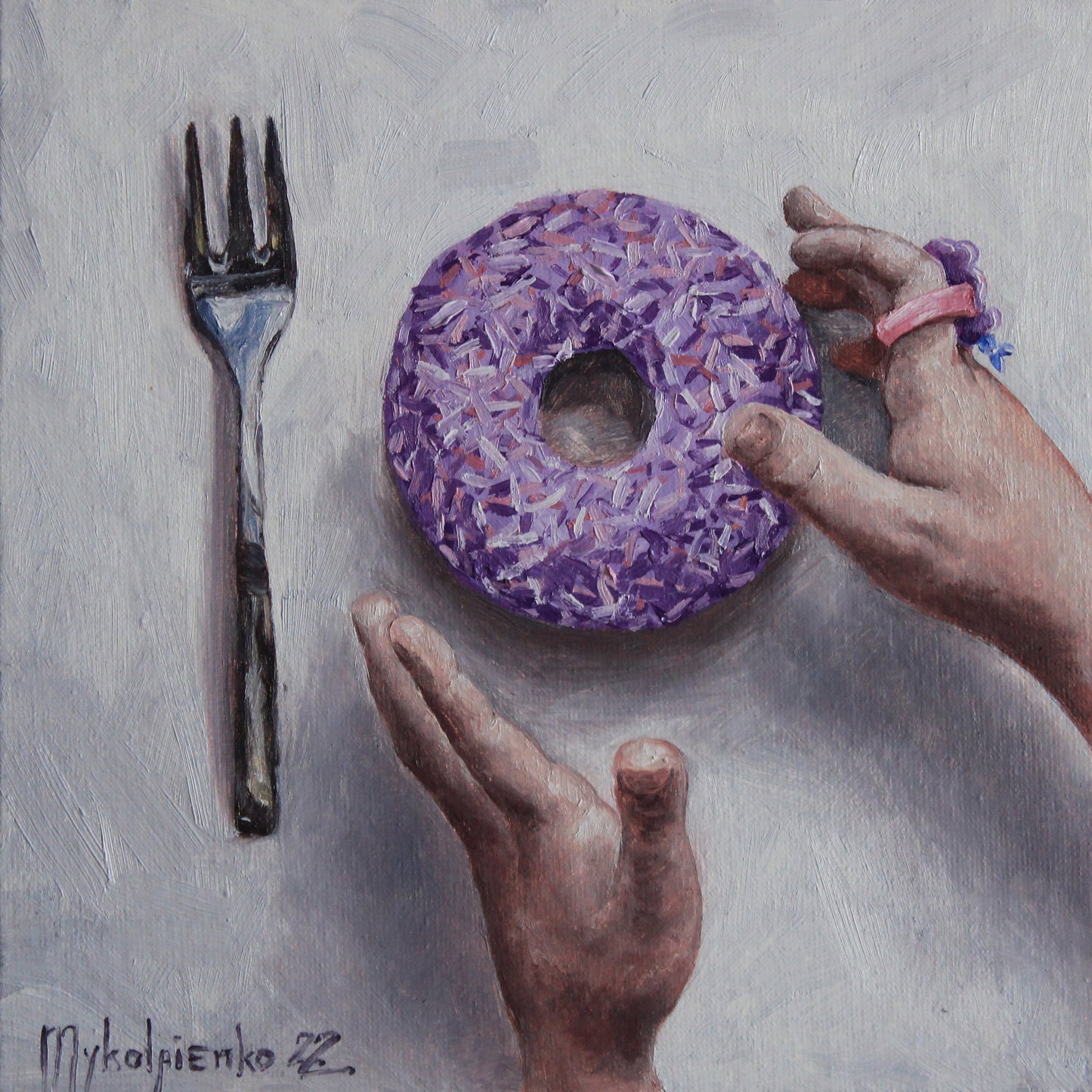 Donut and children's hands 8x8in