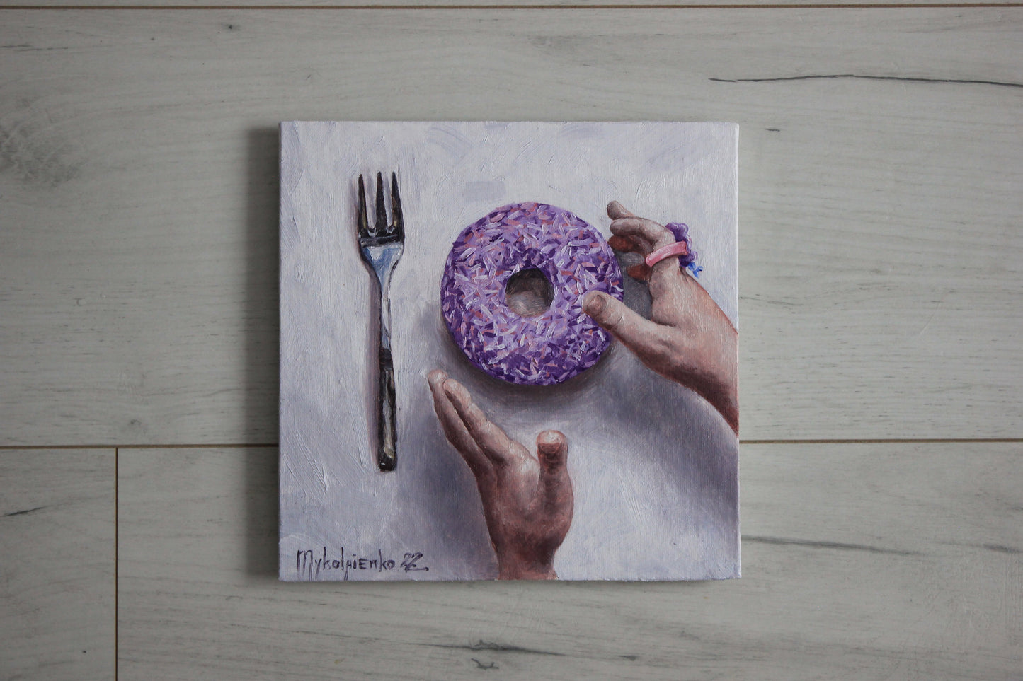 Donut and children's hands 8x8in