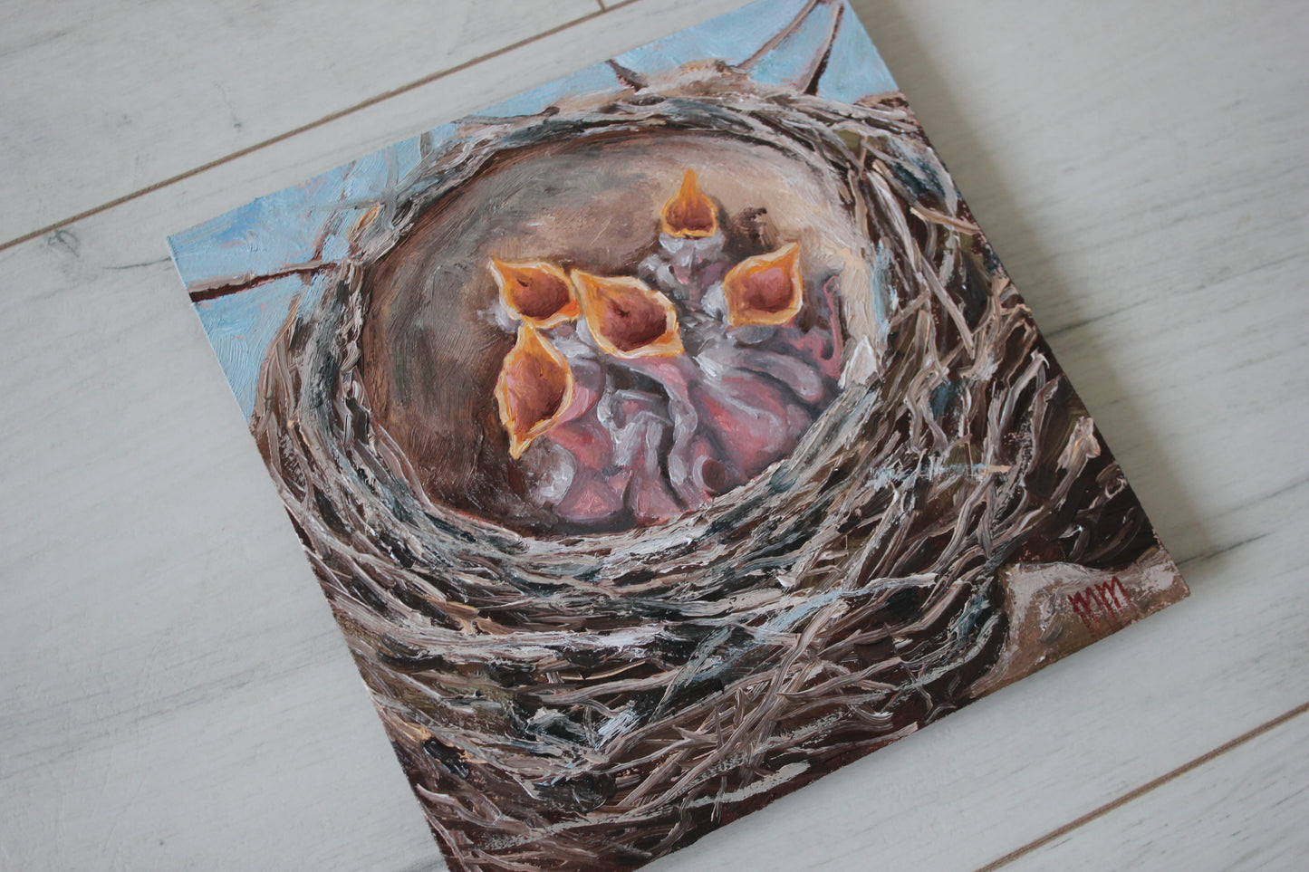 Nest with birds 6x6in