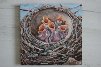 Nest with birds 6x6in