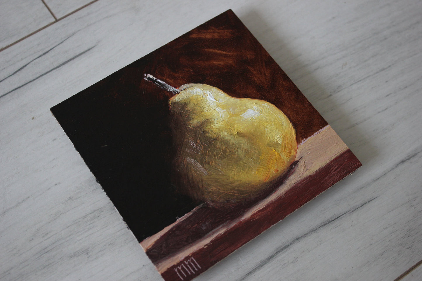 Pear on black 4x4in